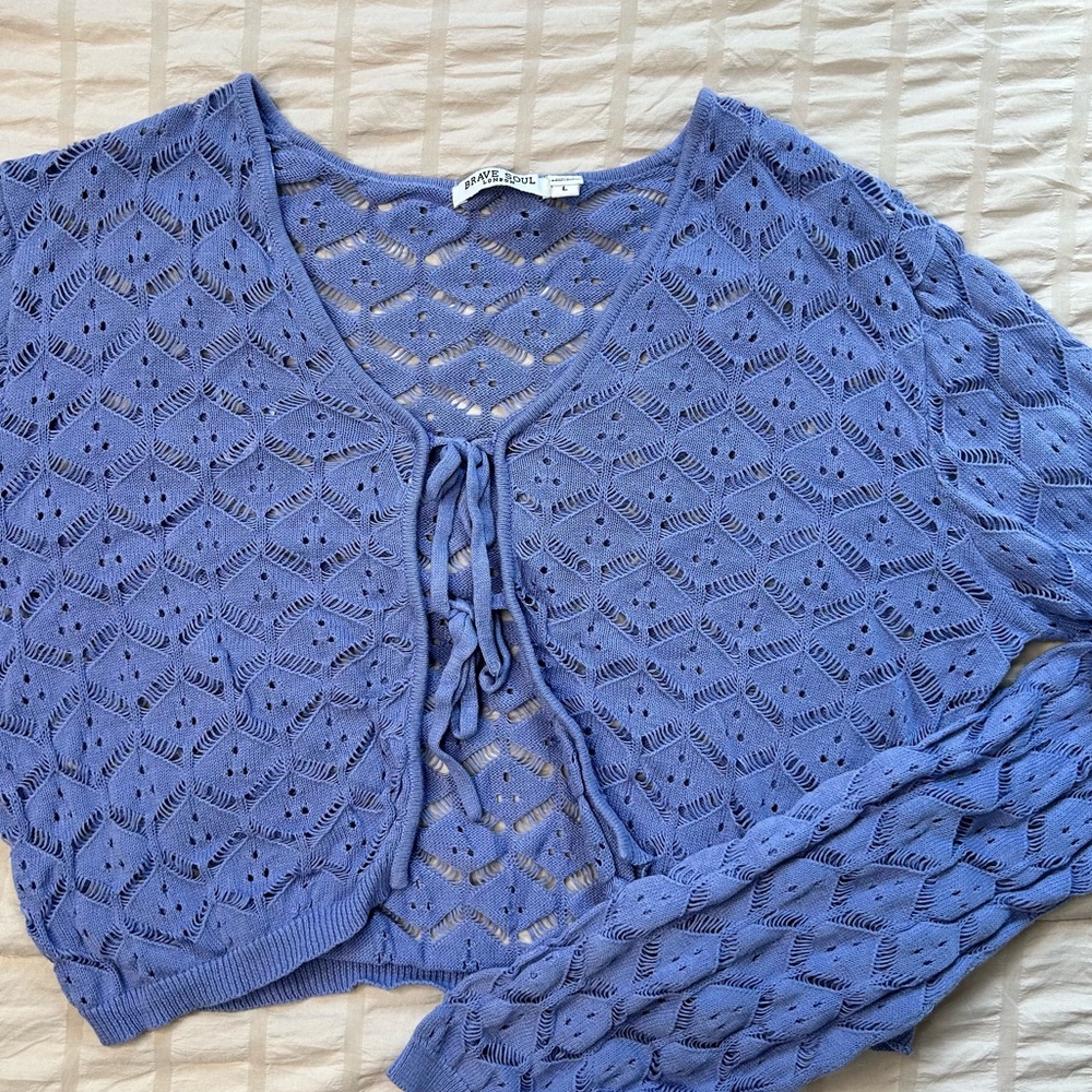 Brave Soul Purple Pointelle Knit Tie Front Cropped Cardigan | Size Large